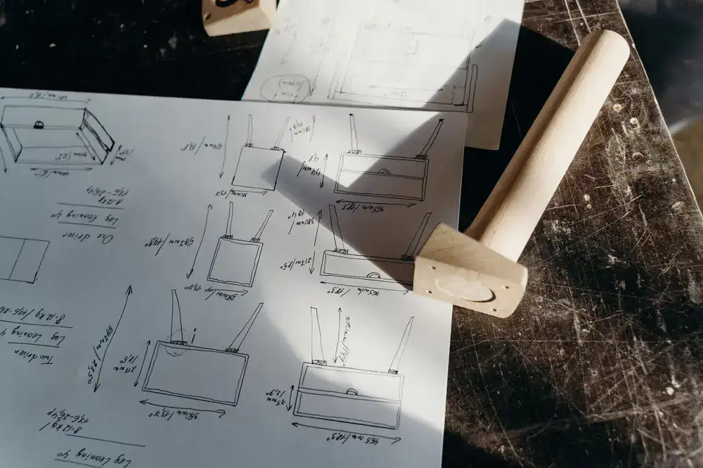 Wood samples and workshop planning documents laid out on a workbench