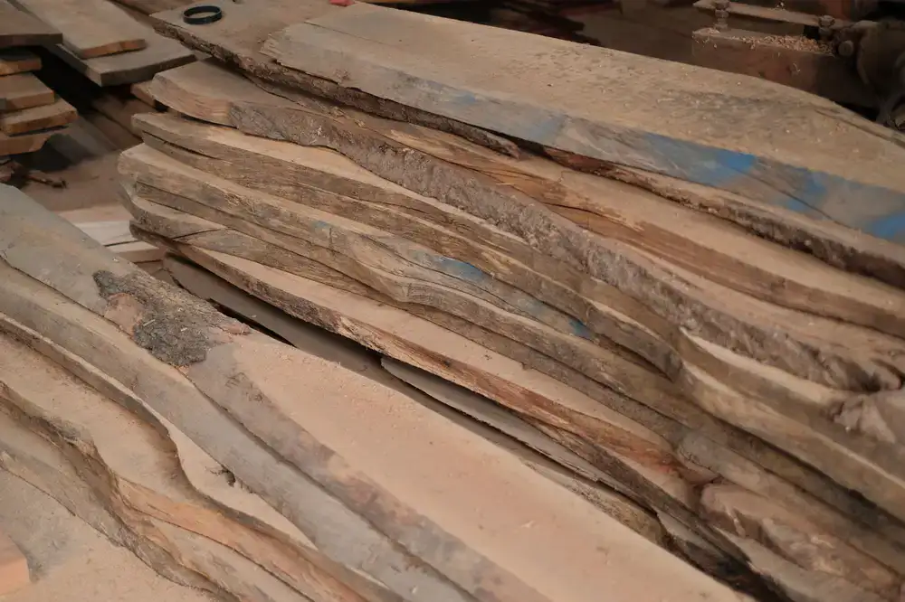 Stacks of raw hardwood timber curing in the workshop