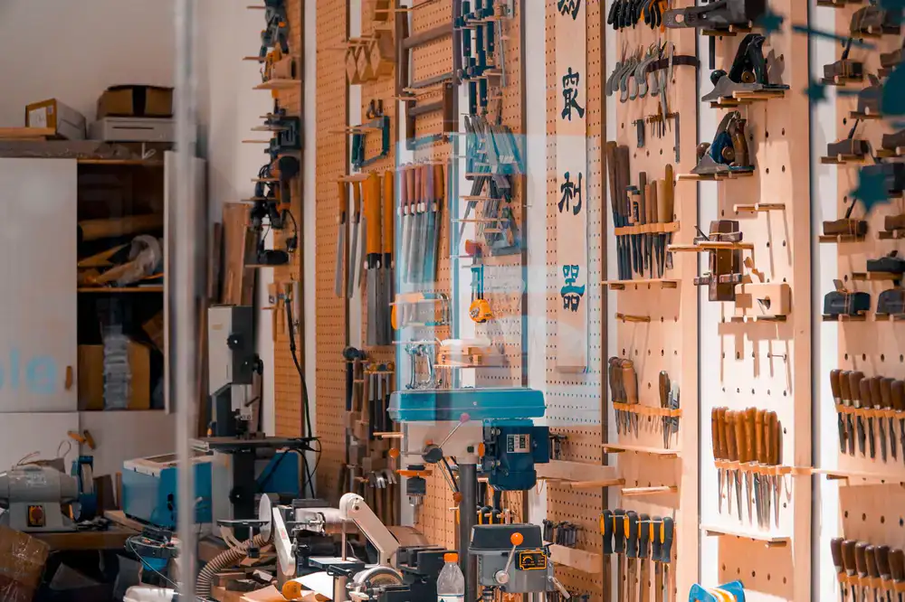 Woodworking tools neatly arranged on a bench